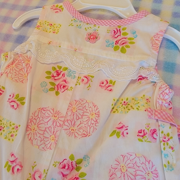 KRU LAYETTE 💐 Sweet Little Pink 'n Green Floral Sleeveless Romper w/Bows  0-3M - Picture 14 of 16